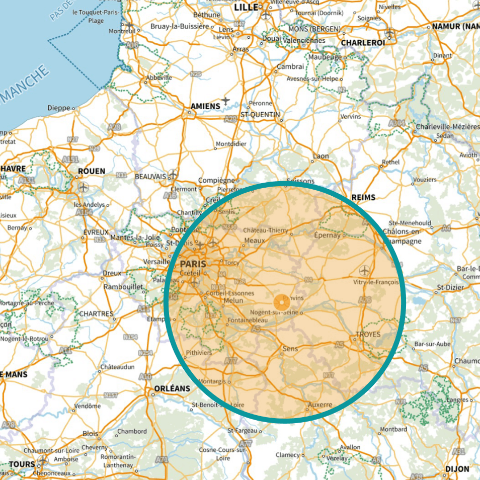 Zone de déplacement autour de Provins, entre Seine-et-Marne, Aube, Yonne, Marne et région parisienne